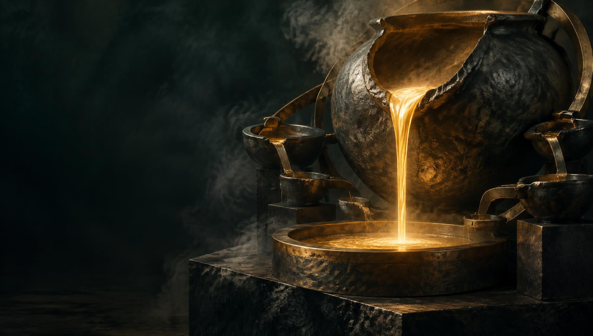 Molten gold pouring from a bronze crucible into a shared basin
